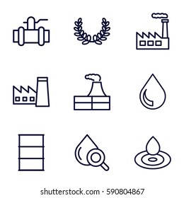oil icons set. Set of 9 oil outline icons such as factory, water drop, pump, barrel, drop under magnifier, drop