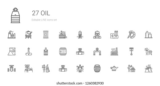 oil icons set. Collection of oil with magic lamp, barrel, oil lamp, valve, hot stones, massage, pipe, factory, pipeline, pipette, fuel, industry. Editable and scalable oil icons.