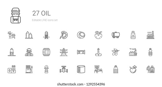 oil icons set. Collection of oil with sauna, massage, industry tank, pipe, lantern, gas station, industry, olive, pipette, electric tower, barrel. Editable and scalable oil icons.