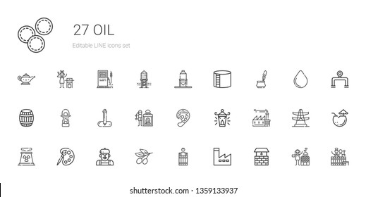 oil icons set. Collection of oil with well, factory, barrel, olive, artist, palette, nuclear plant, oil lamp, paint palette, hot stones, pipette. Editable and scalable icons.