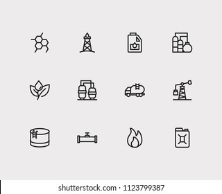 Oil icons set. Plant and oil icons with oil water factory, tanker truck and oil gas industry. Set of machine for web app logo UI design.