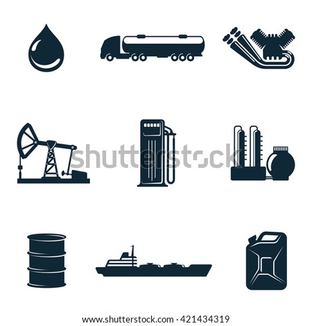 Oil icons, vector icons isolate on a white background. set of  gasoline filling station with fuel tankers and a barrel, station manufacturing 
