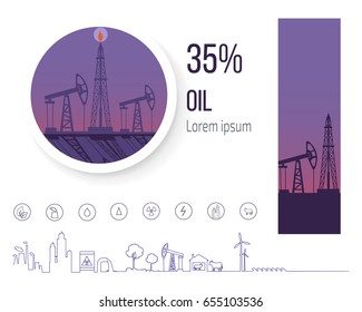 Oil industry 35 percent, poster with icons related to black petrol and fuel refinery. Vector illustration of industrial platform for gasoline production