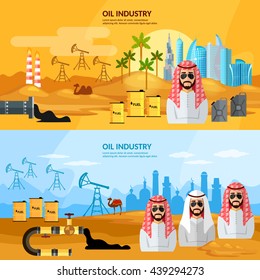 Oil industry in the Arab countries banner, sheiks in desert arab men eextraction and processing of oil vector illustration 