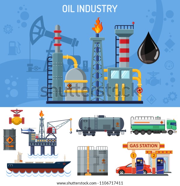 Oil Industry banner with\
Flat Icons extraction production and transportation oil and petrol\
with oilman, rig and barrels. Isolated vector\
illustration.