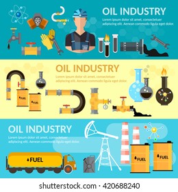 Oil industry banner refining extraction and processing products oil pipe oilman works transportation products vector 