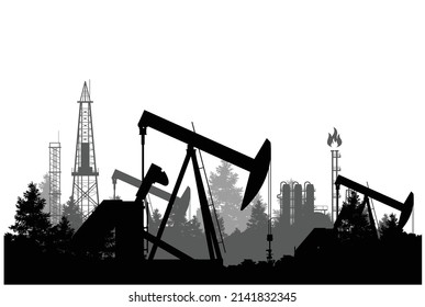 Oil industry banner, silhouette of pumpjack and refinery plant, overground drive for a reciprocating piston pump in an oil well, vector