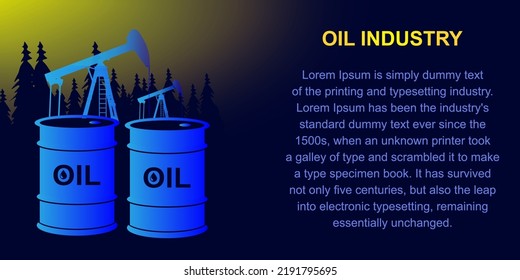 Oil industry banner, silhouette of pumpjack and refinery plant, oil barrels on the background of the forest. 3d Pumpjack background for banner. vector eps10