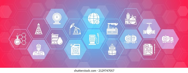 Plantilla de banner de la industria petrolera con iconos blancos. Camión de combustible, ingeniero, gasolina, concepto de ilustración de barco de carga para sitio web o infografía.