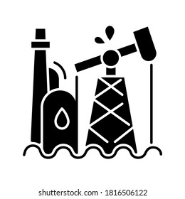 Oil industry black glyph icon. Petroleum refinery station, fossil fuel extraction plant. Natural resources exploitation silhouette symbol on white space. Oil pump, derrick vector isolated illustration