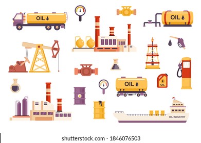 Oil industry bundle of flat scenes. Fuel production isolated set. Drilling rig, factory, oil tanker ship, fuel truck, tank car, pumpjack, gas station, barrel elements. Cartoon vector illustration.