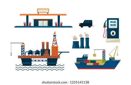 Oil industry business concept. Flat vecroe design of oil platform, gas station, car, ship and factory. Petroleum extraction