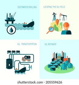 Oil industry business concept of gasoline diesel production fuel distribution and transportation four icons composition vector illustration