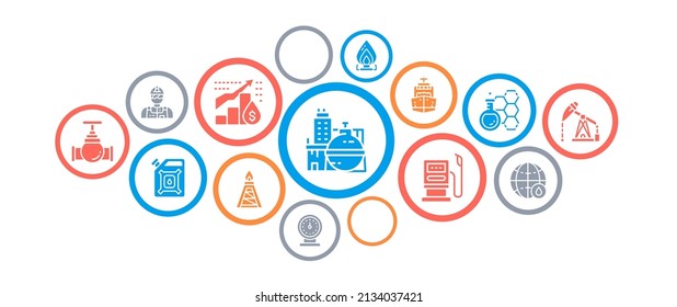 Oil industry business icons illustration concept. Fuel Truck, Engineer, Gasoline, Cargo Ship banner design for website and mobile app.