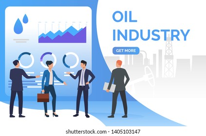 Oil industry business people working and discussing issues. Negotiations, management, concept. Presentation slide template. Vector illustration for topics like business, marketing, analytics