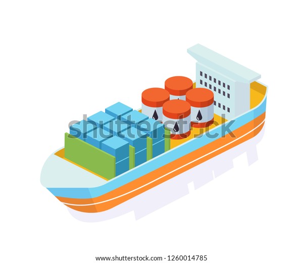 Oil industry. Cargo tanker boat, oil tanker ship\
with liquid, mineral resources. Storage in boat, transportation,\
freight transport. Container on ship, storage of resources in\
tanks. Isometric vector.