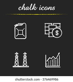 Oil industry chalk icons set. Jerrycan and oil barrel. Diagram and oil rig icons. Petroleum trade. Oil and gas production industry. White illustrations on blackboard. Vector chalkboard logo concepts