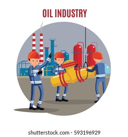 Oil industry characters concept with workers transporting pipe detail on industrial factory vector illustration
