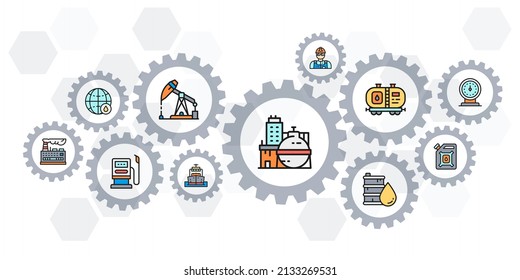 Oil industry colored icons vector banner. Fuel Truck, Engineer, Gasoline, Cargo Ship web header banner illustration.