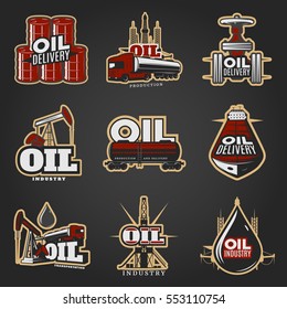 Oil industry colorful logos with barrels, truck, pipeline, drilling rig, tanker, factory and petroleum drop isolated vector illustration