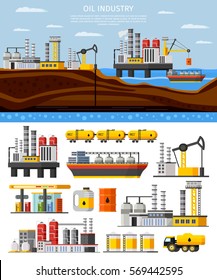 Oil industry composition with manufacturing extraction storage transportation elements and objects vector illustration