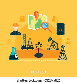 Oil industry composition with set of flat isolated oil well derrick pumping unit and map images vector illustration