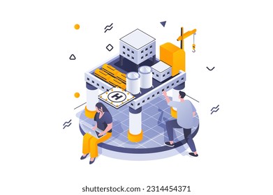 Oil Industry concept in 3d isometric design. Engineers work at industrial plant station with machinery for production and fuel storage. Vector illustration with isometric people scene for web graphic