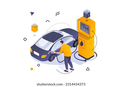 Oil Industry concept in 3d isometric design. Man holding fuel nozzle and refueling car at petrol filling station with gas or benzine. Vector illustration with isometric people scene for web graphic