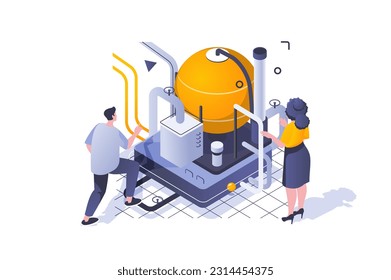 Oil Industry concept in 3d isometric design. Engineers working at oil refinery plant, check and control machinery infrastructure. Vector illustration with isometric people scene for web graphic