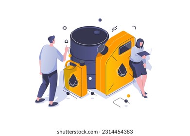 Oil Industry concept in 3d isometric design. Man and woman using barrel and canisters for storage fuel for refueling cars in garage. Vector illustration with isometric people scene for web graphic