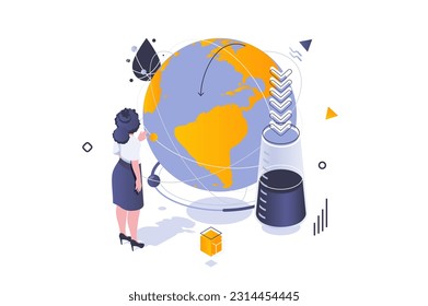 Oil Industry concept in 3d isometric design. Global petroleum fuel business with commerce and transportation barrels in world market. Vector illustration with isometric people scene for web graphic