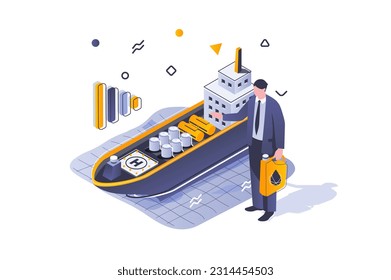 Oil Industry concept in 3d isometric design. Businessman selling petroleum products using tanker ship for sea cargo transportation. Vector illustration with isometric people scene for web graphic