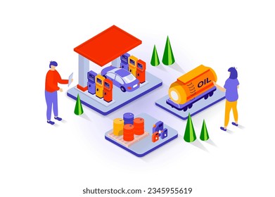 Oil industry concept in 3d isometric design. People at petrol filling station refueling car, workers transporting benzin and storage in barrels. Vector illustration with isometry scene for web graphic