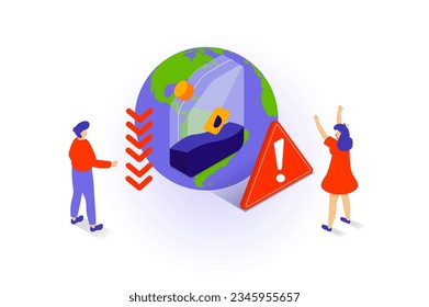 Oil industry concept in 3d isometric design. People selling petroleum products at global fuel market with down prices in economic crisis time. Vector illustration with isometry scene for web graphic
