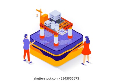Concepto de industria petrolera en diseño isométrico 3d. La gente trabaja en una plataforma petrolífera con infraestructura de maquinaria para la producción y almacenamiento de combustible. Ilustración vectorial con escena isométrica para gráfico web