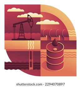 Oil Industry concept - abstract symmetrical composition with rig, drilling well, oil pipeline and petroleum barrel