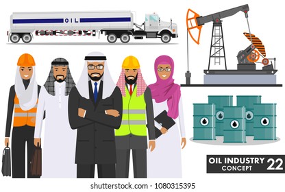 Oil industry concept. Detailed illustration of gasoline truck, oil pump, metal barrels, arab muslim businessman and businesswoman in flat style on white background. Vector illustration.