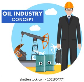 Oil industry concept. Detailed illustration of engineer, businessman on background with oil pump and barrels with fuel flat style on white background. Vector illustration.