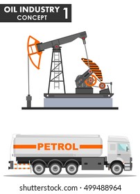 Oil industry concept. Detailed illustration of gasoline truck and oil pump in flat style on white background. Vector illustration.