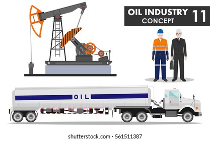 Oil industry concept. Detailed illustration of gasoline truck, oil pump, businessman, engineer and worker in flat style on white background. Vector illustration.