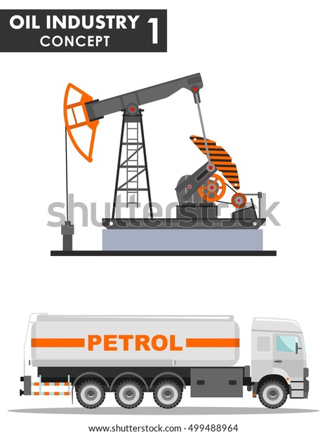 Oil industry concept. Detailed illustration\
of gasoline truck and oil pump in flat style on white background.\
Vector illustration.
