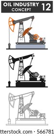 Oil industry concept. Different kind oil pumps isolated on white background in flat style: colored, black silhouette and contour. Vector illustration.