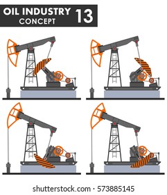 Oil industry concept. Different kind oil pumps isolated on white background in flat style. Vector illustration.