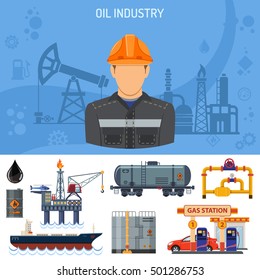 Oil industry Concept with Flat Icons extraction production and transportation oil and petrol with oilman, rig and barrels. vector illustration.
