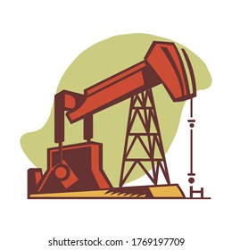 Oil industry concept in flat style depicting working oil derrick. vector illustration of pump jack  isolated on white background