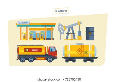 Oil industry concept. Gas station, drilling rig for oil production, platform factory and transportation of gasoline. Vector illustration isolated.