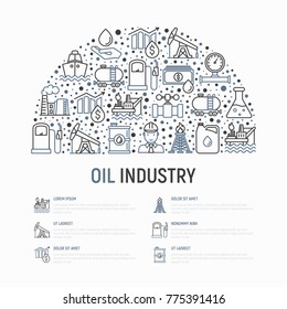 Oil industry concept in half circle with thin line icons: gas, petroleum, diesel,  truck, tanker, ship, refinery, barrel. Modern vector illustration, web page template.