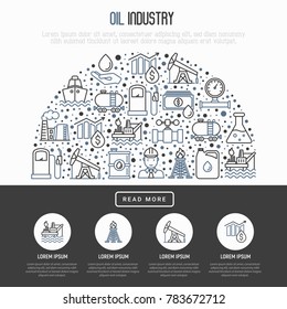 Oil industry concept in half circle with thin line icons: gas, petroleum, diesel,  truck, tanker, ship, refinery, barrel. Modern vector illustration, web page template.