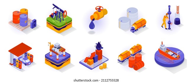 El concepto de petróleo e industria isométrica 3d iconos set. Extracción, transporte y distribución isométrica recolección aislada. Barriles, gasoductos, equipos, gasolineras y otros. Ilustración del vector