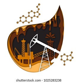 Oil industry concept. Nonrenewable energy sources. Kinds of energy. Science for kids. Paper cut out style vector illustration.
